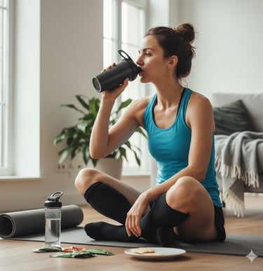 Woman in athletic wear drinking from a shaker after a run, with recovery snacks and water nearby.