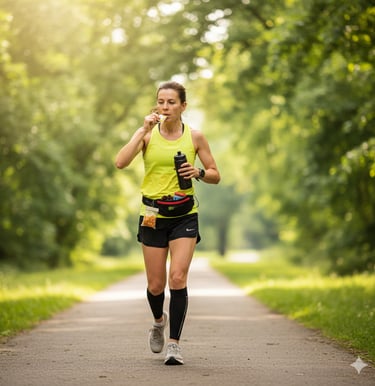 Female runner on a path eating an energy bar and holding a water bottle for intra-run fueling.