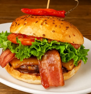 Hamburguesa gourmet picante con pan con semillas, queso fundido, lechuga fresca y guarnición.