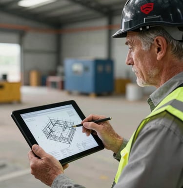 A professional photo of a senior site engineer wearing a black hardhat with a crimson logo, holding a digital tablet with 3D construction schematics, active industrial background in the United Kingdom, cinematic side lighting.