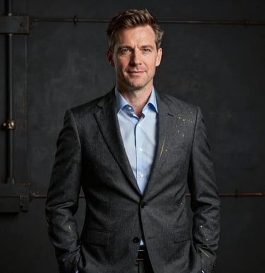 A professional studio portrait of a corporate director in a sharp charcoal suit with subtle gold details, high contrast lighting with deep shadows, dark industrial backdrop, United Kingdom.