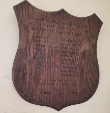 A shield-shaped wooden memorial plaque honoring men of Warley Parish who served in the Great War.