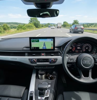 A clear view of a modern car dashboard and front windscreen driving safely during the day