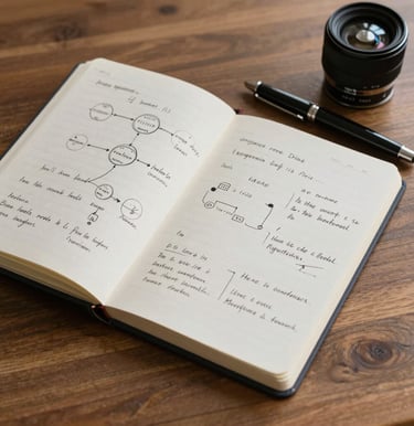 An open notebook with structured diagrams and elegant handwritten notes on linguistics and communication psychology, sitting next to a sleek luxury pen on an oak table.
