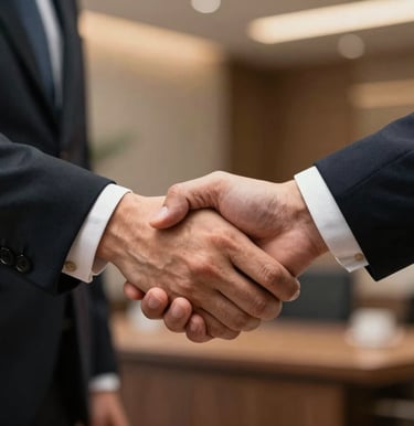A close-up shot of two professional hands shaking in a warm, sophisticated corporate environment, expressing trust and mutual agreement. Premium Italian executive setting.