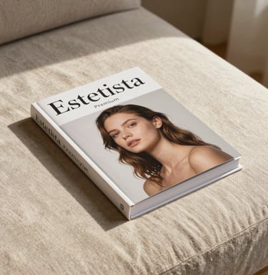 A beautiful presentation of the Estetista Premium physical book, lying on a minimalist sand-colored linen fabric, bathed in soft afternoon sunlight.