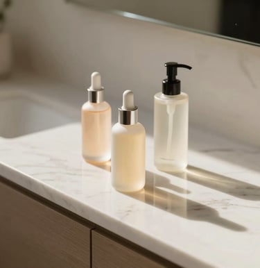 An elegant, close-up photograph of high-end cosmetic bottles on a pristine marble counter, surrounded by minimalist warm white space. Natural, bright Southern European daylight casting soft, luxurious shadows.