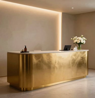 A warm, premium spa reception desk in Italy with minimalist design, brushed gold accents, soft ambient lighting, and fresh white flowers. Serene, exclusive luxury environment.