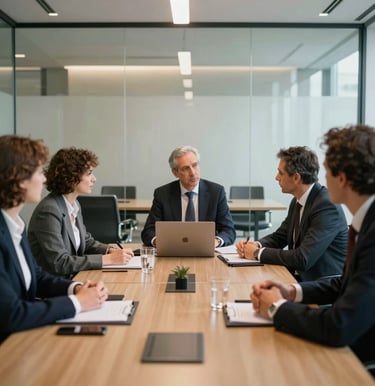 A professional meeting in Milan, Italian colleagues discussing strategy in a bright, modern glass-walled boardroom. Sophisticated business attire, warm lighting, elegant and authoritative atmosphere.