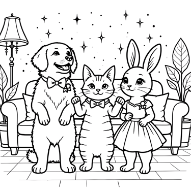 Coloring Page of a dog, cat, and bunny in the living room