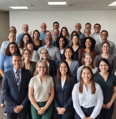 A diverse group of professionals shaking hands in a bright office.
