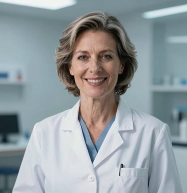 Professional studio headshot of a mature French medical doctor in a modern clinic environment. She is smiling warmly, wearing a crisp white lab coat, clean background with soft blue lighting. High-end editorial photography style, conveying trust and clinical authority.