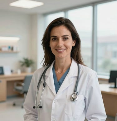 Professional headshot of a friendly female medical educator in a bright contemporary French hospital office. Clean composition, natural window light, wearing professional attire, elegant medical setting, inspiring trust and dedication.