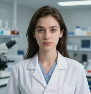 High-end portrait of a young female medical researcher in a state-of-the-art European laboratory. Confident gaze, soft professional studio lighting, sophisticated scientific background, pristine and modern mood.