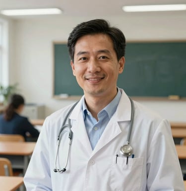 Professional editorial headshot of a male medical tutor in a clean, modern French university classroom. Friendly and intelligent expression, soft natural light, clean academic background, embodying mentorship and academic rigor.