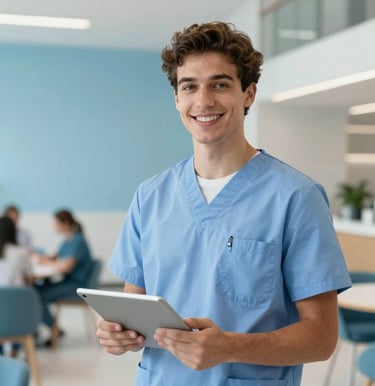 Casual yet professional portrait of a young male medical student in a modern French medical school lounge. Smiling confidently, holding a digital tablet. Bright academic environment, modern, clean slate and sky blue tones.