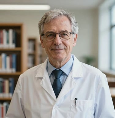 Editorial portrait of a distinguished male medical professor in a bright European university library. He is looking at the camera with a confident, supportive expression. Sharp focus, sophisticated academic lighting, soft slate and light blue accents.