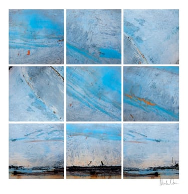 Abstract photographic collage featuring layered blue textures with subtle tonal shifts creating a calm, atmospheric look.