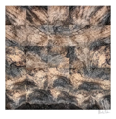 Abstract photographic collage with layered rock formations and natural textures creating a structured organic composition