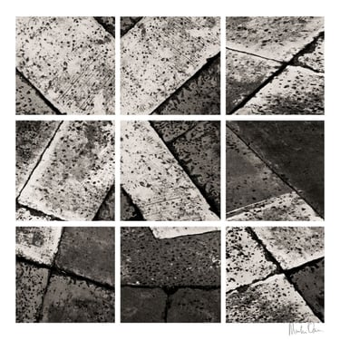 Abstract photographic collage in monochrome tones featuring geometric stone patterns and strong contrasting textures