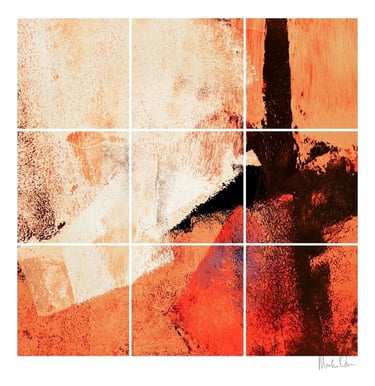 Abstract photographic collage with bold orange and black tones forming a dynamic composition with textured visual impact