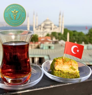 foto de te turco y baklava frente de mesquita de istanbul