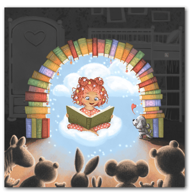 Illustration by Ildiko Hankoszky of girl reading to toys under a glowing book arch