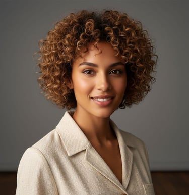 a woman with curly hair and a white shirt