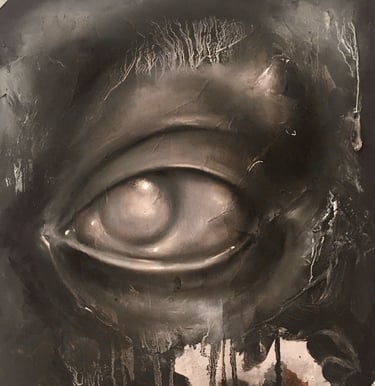 eye with milky lens. Black painting with white chalk which has picked out textures on the surface.