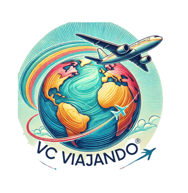 Colorful travel illustration of an airplane flying over planet Earth with Vc Viajando logo text.