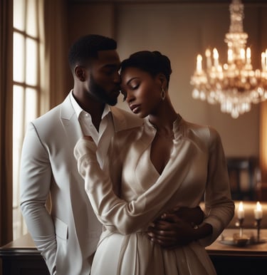 A beautifully lit, elegant portrait of a black couple sharing a tender moment, showcasing rich skin tones and timeless style.