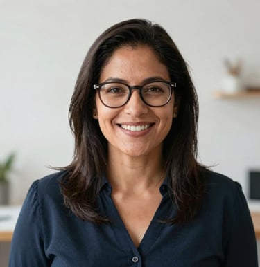 A high-quality portrait photo of a professional Latin American woman with glasses, smiling confidently in front of a neutral minimalist white workspace background, warm and trusting editorial look.