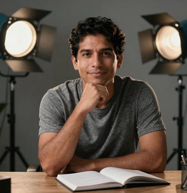 A realistic portrait photograph of a South American copywriter sitting at a desk with an open notebook, looking thoughtfully at the camera with a subtle smile. Professional studio lighting.