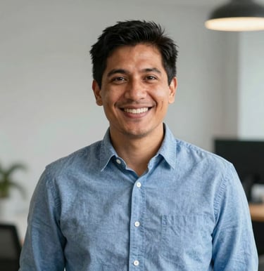 A professional portrait photo of a South American male digital creator with a warm smile, wearing a casual smart blue shirt. Clean, soft indoor office lighting, highly professional and approachable.