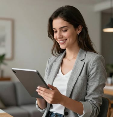 A soft natural-light portrait of a young professional woman from Colombia, working with a tablet device, smiling warmly in a modern styled apartment setting.