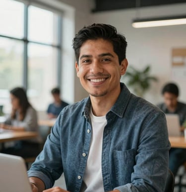 A professional headshot of a friendly Latin American remote web expert in a clean coworking space, wearing smart casual attire. Natural window light.
