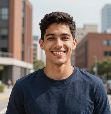 A bright outdoor portrait photo of a young Colombian remote worker smiling. In the background, modern brick city buildings are softly blurred under natural daylight.