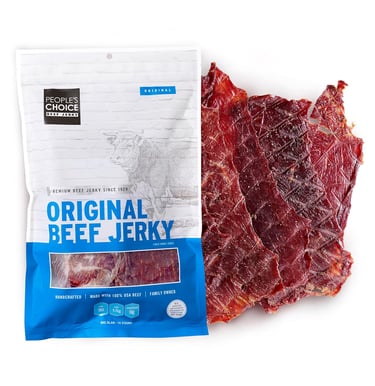 People's Choice Original Beef Jerky bag next to several thin, textured strips of dried beef.