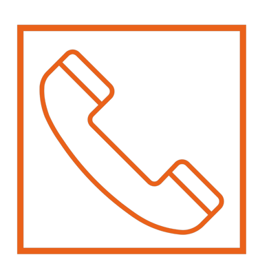 Orange line art telephone handset icon inside a square border on a black background.