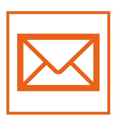 Orange envelope email icon inside a square frame on a black background for contact and messaging.