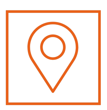 Orange line art map pin location icon inside a square border on a black background.