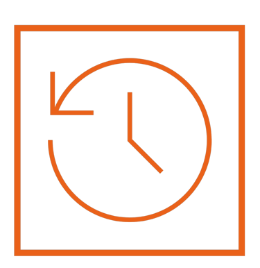 Orange line art clock icon with counter-clockwise arrow representing history or backup.