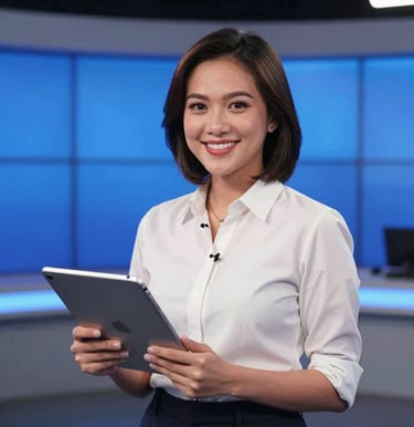 Portrait of a Southeast Asian / Indonesian female technology journalist holding a tablet in a modern broadcast studio in Jakarta, vibrant blue backlighting, professional editorial photography.