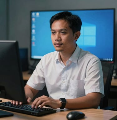 Portrait of a Southeast Asian / Indonesian male investigative tech journalist working at a desk with subtle vibrant blue screen reflections, professional editorial photography.