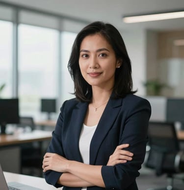 Portrait of a Southeast Asian / Indonesian female tech ethics specialist in a brightly lit modern room with dark obsidian accents, professional editorial photography.