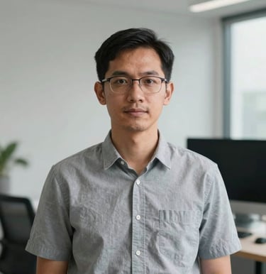 Portrait of a Southeast Asian / Indonesian male artificial intelligence analyst in a modern minimalist workspace, soft studio lighting, professional editorial photography.