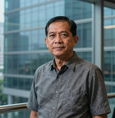 Portrait of a Southeast Asian / Indonesian male senior editor standing in a modern glass office in Jakarta with subtle vibrant blue lighting in the background, professional editorial photography.