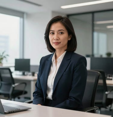Portrait of a Southeast Asian / Indonesian female AI research director in a sleek corporate office, natural soft lighting with crisp white and dark obsidian decor, professional editorial photography.