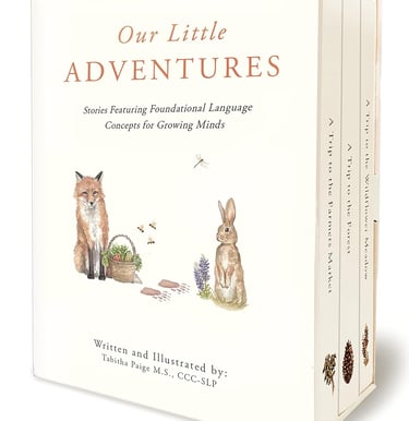 Our Little Adventures book box set by Tabitha Paige featuring watercolor fox and rabbit illustrations.