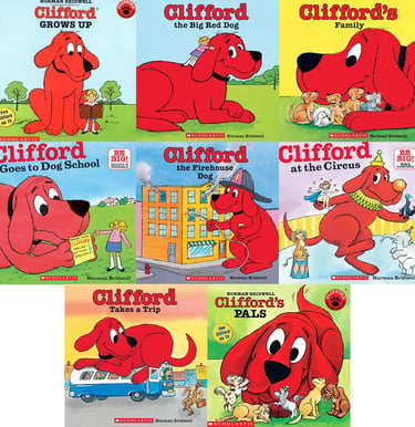 A collection of eight colorful Clifford the Big Red Dog children's book covers by Norman Bridwell.